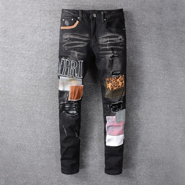 Fashion Patch Ripped Blue Jeans Men Slim Fit Designer Washed Denim Jeans Trousers Men Hip Hop DJ Party Jeans Punk Rock Pants