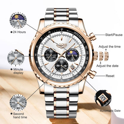 Fashion Mens Watch Stainless Steel Top Brand Luxury Sport Chronograph Quartz Wrist Watches for Men Relogio Masculino+Box