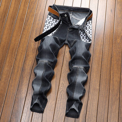 New Men jeans Fashion Trend Spliced Plaid Black Pants Slim Stretch Hip Hop Pants Spring Summer Brand Trousers