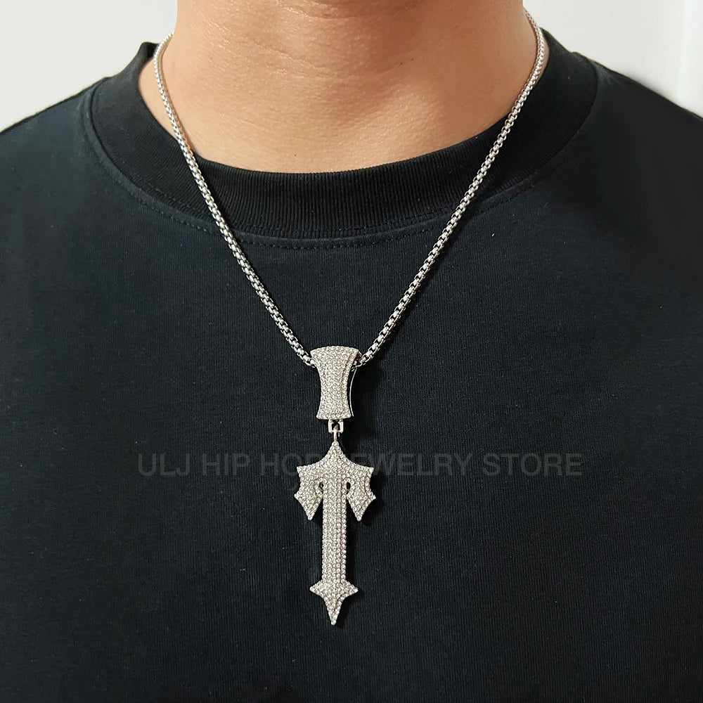 Iced Out Cross Sword Necklaces with 12mm Cuban Chain Pendant