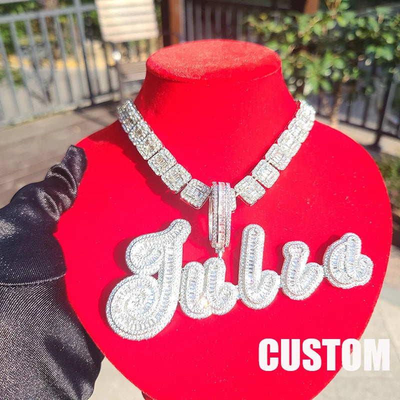 Custom Big Brush Cursive Iced Out Name Pendant  Bubble Letters Word Necklace With Rhinestone Baguettes