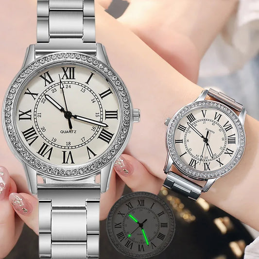 Steel Strap  Simple Casual Women's Watch Retro Roman Rhinestone Luminous Quartz Watch Luxury Wrist Watches for Women Wholesale