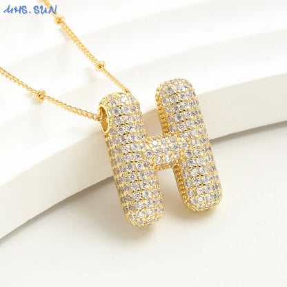 Cubic Zircon A-Z 26 Bubble Letter Necklace 2 Sizes Gold Plated M Chunky Balloon Initials Pendant