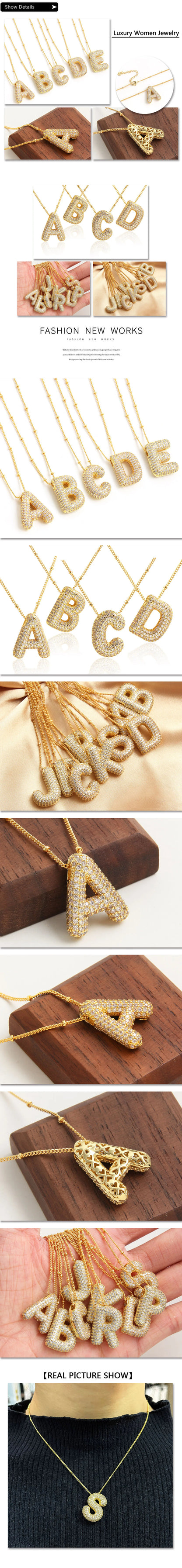 Cubic Zircon A-Z 26 Bubble Letter Necklace 2 Sizes Gold Plated M Chunky Balloon Initials Pendant