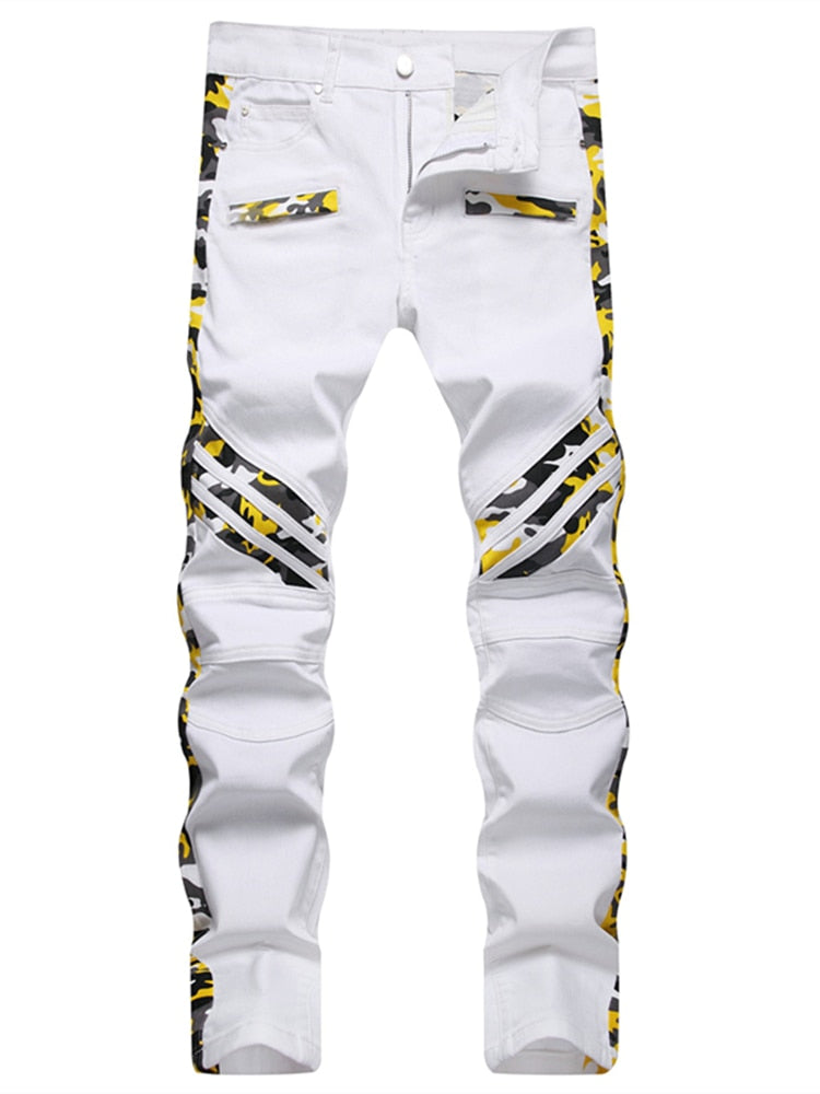 Autumn Winter White Camouflage Patchwork Jeans Mid-Waist Slim Stretch Hip Hop Pants Street Casual Wear