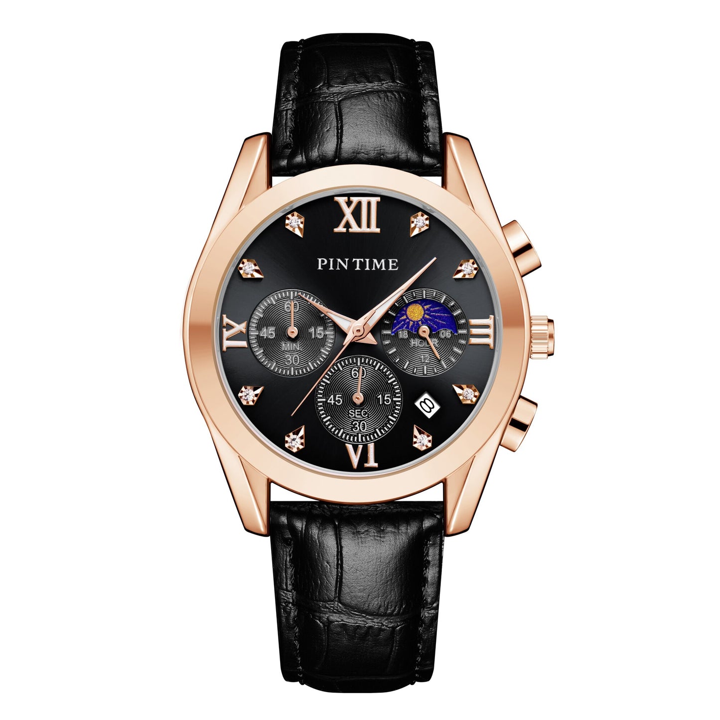 Men Casual Dress Black Watch Stainless Steel Moon Phase Dial Work Chrono Function Stopwatch Leather Luminous Waterproof