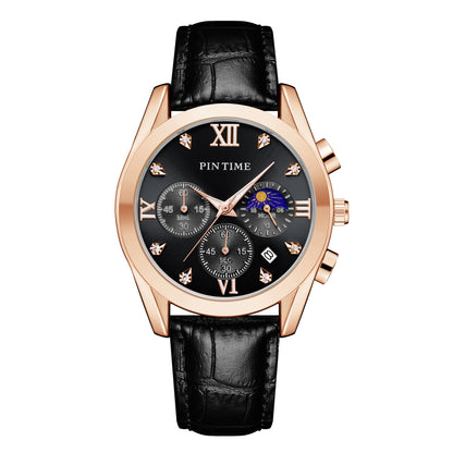 Men Casual Dress Black Watch Stainless Steel Moon Phase Dial Work Chrono Function Stopwatch Leather Luminous Waterproof