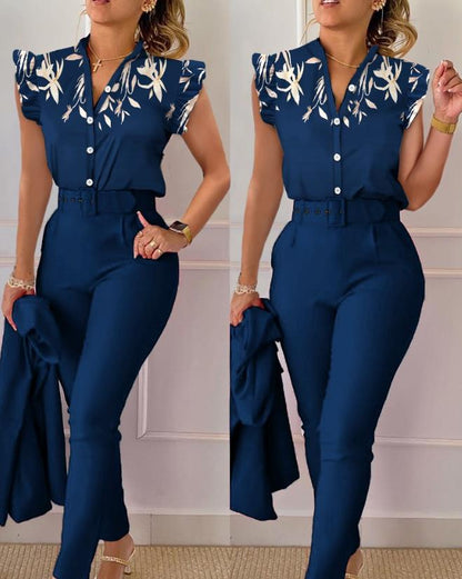 Womens Two Piece Sets Outfit Geometric Print Flutter Sleeve Top &amp; Pants Set with Belt New Fashion 2023 Summer Suit