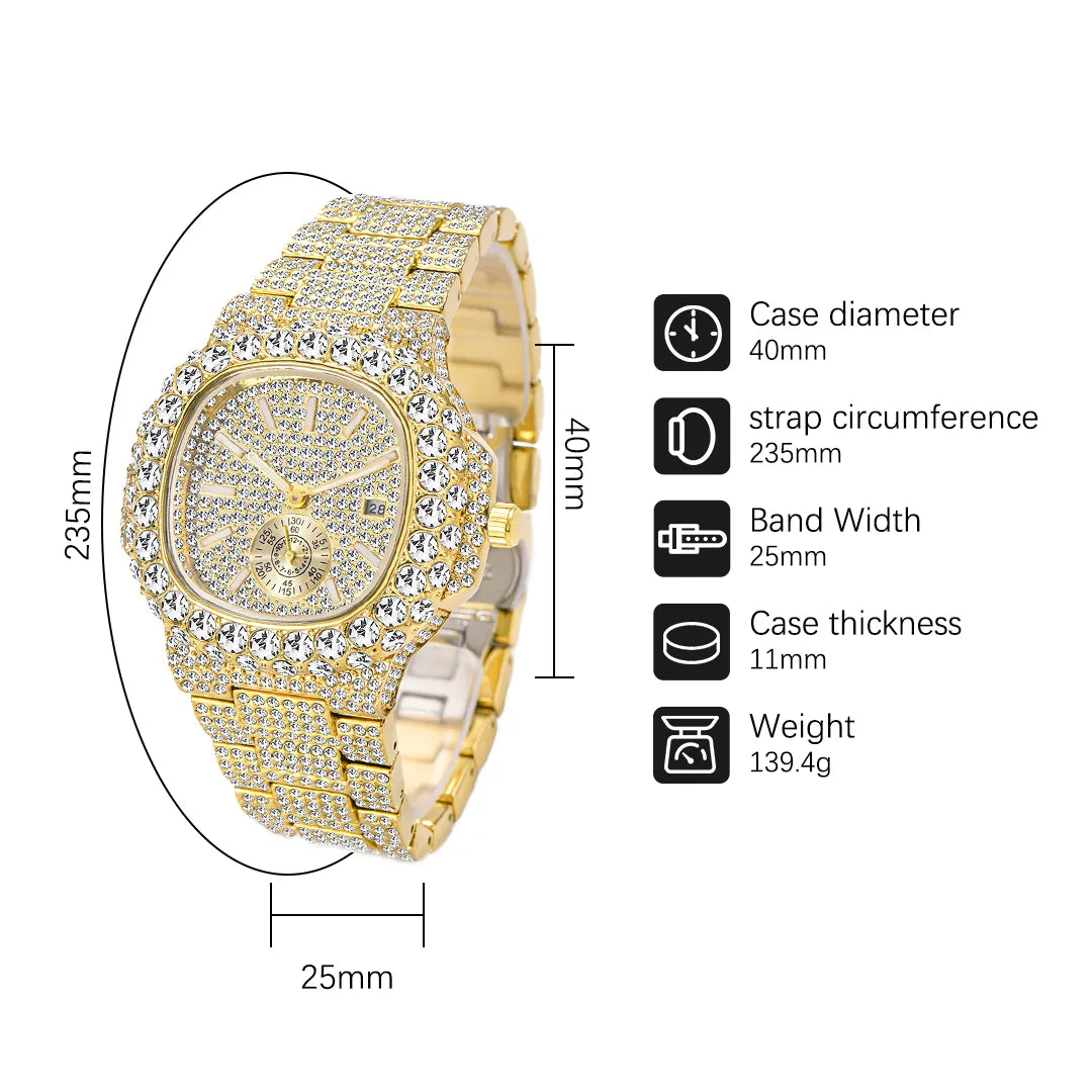 Fashion Iced Out Watches Men Luxury Full Diamond 18K Gold Automatic Date Clock Steel Waterproof Watch Male