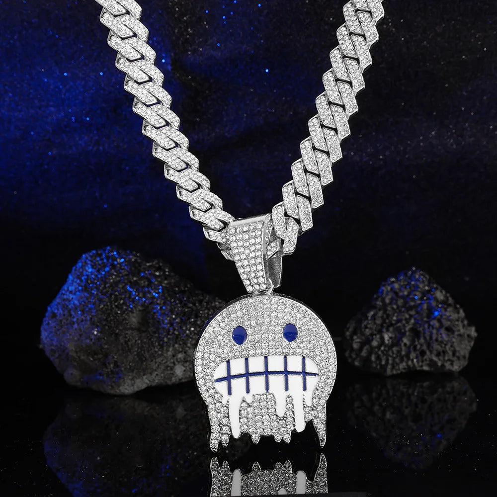 White Blue Cubic Zirconia Paved Round Face Pendants Necklaces with Cuban Chain Iced Out Bling CZ