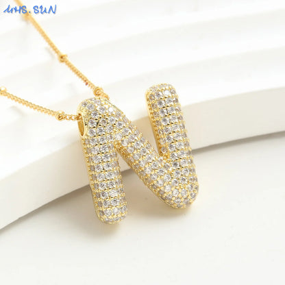 Cubic Zircon A-Z 26 Bubble Letter Necklace 2 Sizes Gold Plated M Chunky Balloon Initials Pendant