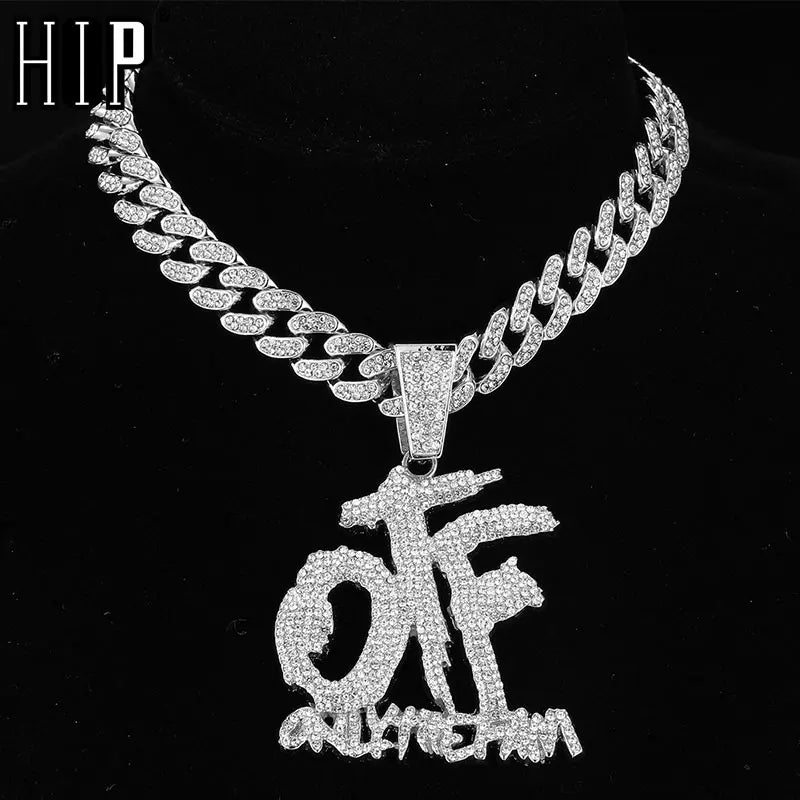 Iced Out OTF Letter Pendant Cuban Necklace Shiny Rhinestone Zircon Necklace