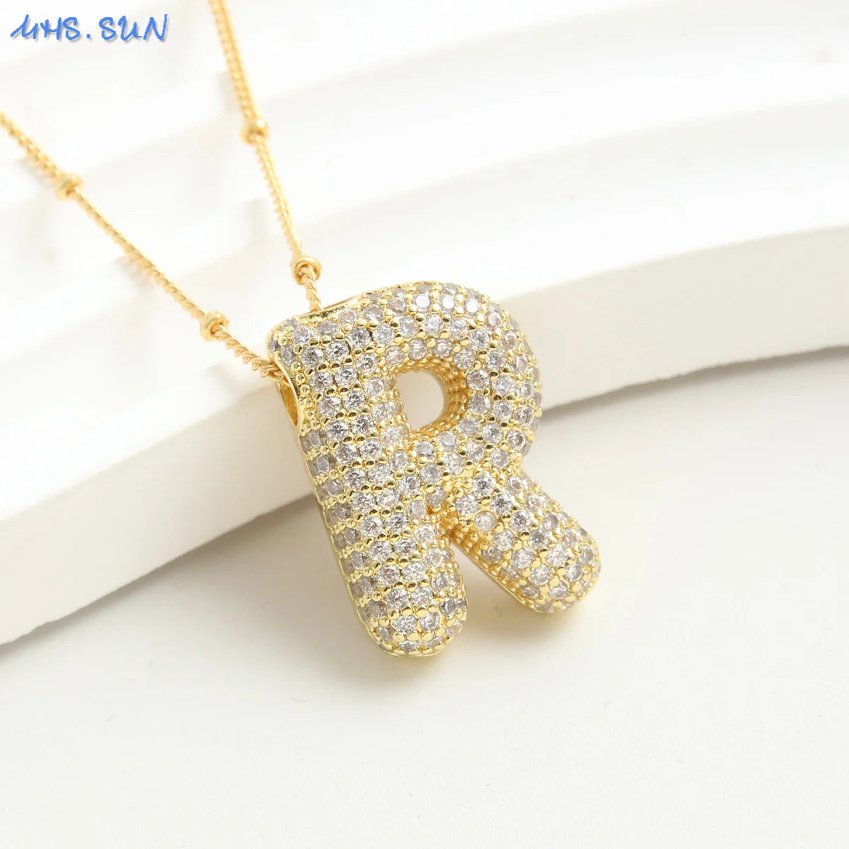 Cubic Zircon A-Z 26 Bubble Letter Necklace 2 Sizes Gold Plated M Chunky Balloon Initials Pendant