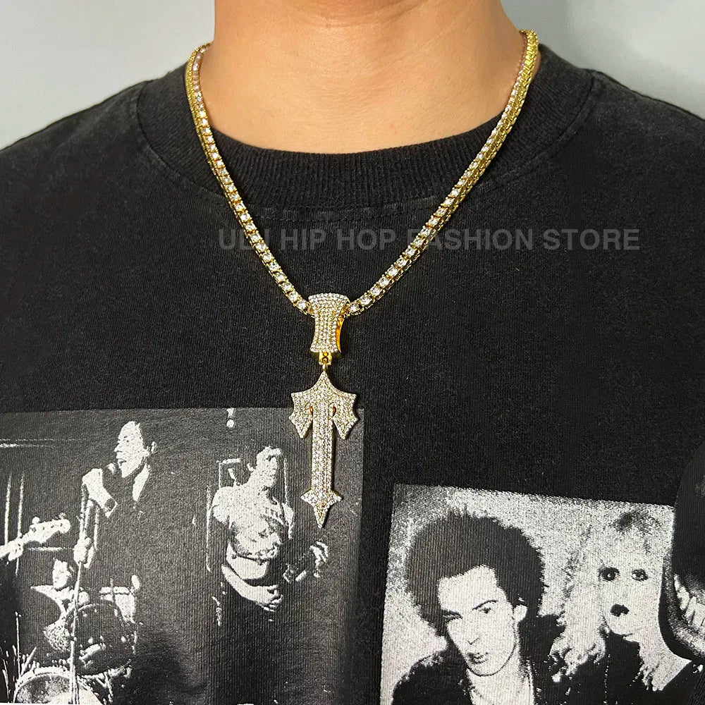 Iced Out Cross Sword Necklaces with 12mm Cuban Chain Pendant