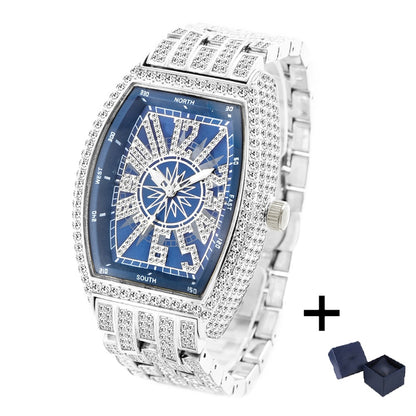 Luxury Mens Watches Fashion Hip Hop Iced Diamond Waterproof Tonneau AAA Quartz Wristwatch