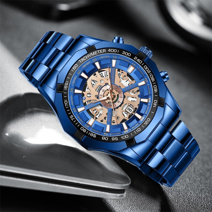 Mens Watches Top Brand Luxury Stainless Steel Waterproof Hollow Out Blue Big Male Wristwatches