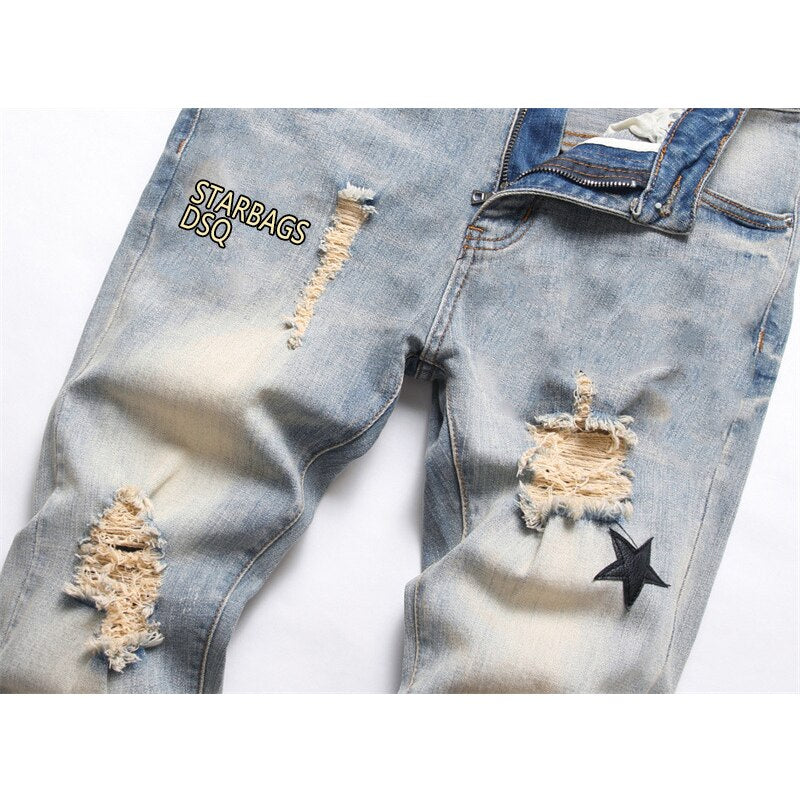 starbags dsq Slim Stretch Feet Men's cotton elastic Embroidered leather label Ripped Stars Vintage men's European Jeans