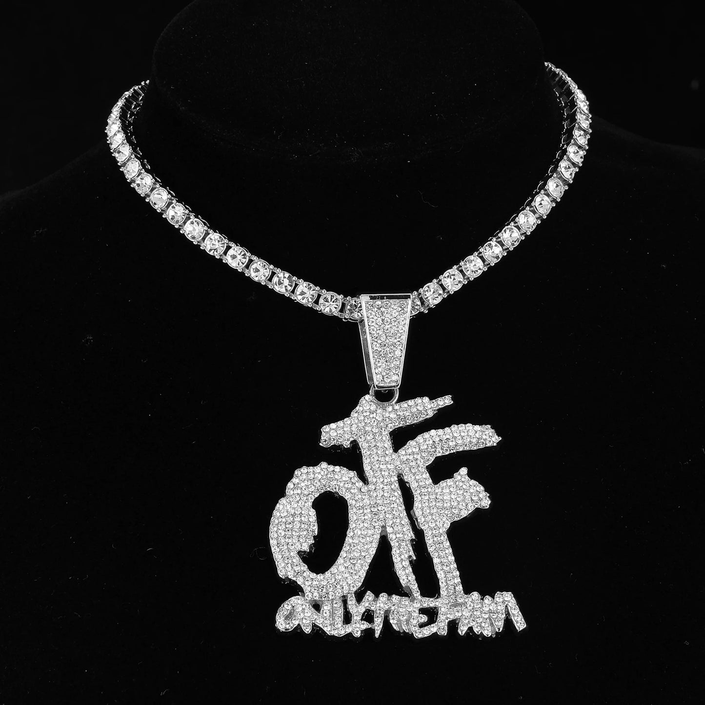 Iced Out OTF Letter Pendant Cuban Necklace Shiny Rhinestone Zircon Necklace