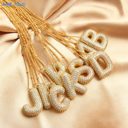 Cubic Zircon A-Z 26 Bubble Letter Necklace 2 Sizes Gold Plated M Chunky Balloon Initials Pendant