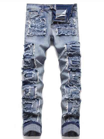 Trend Blue Hole Slim Seans Autumn Stickers Fashion Biker Pencil Pants Mid-Waists Casual Men Clothing