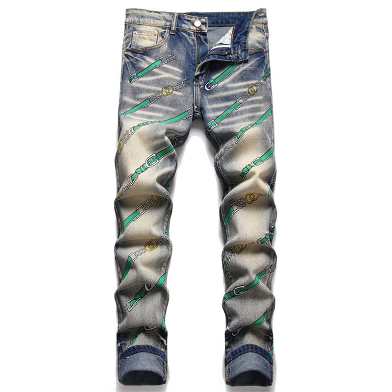 New Fashion Printed Jeans Stretch Slim Retro Pencil Pants High Street Casual Mid-Waist Motorcycle Trend Trousers