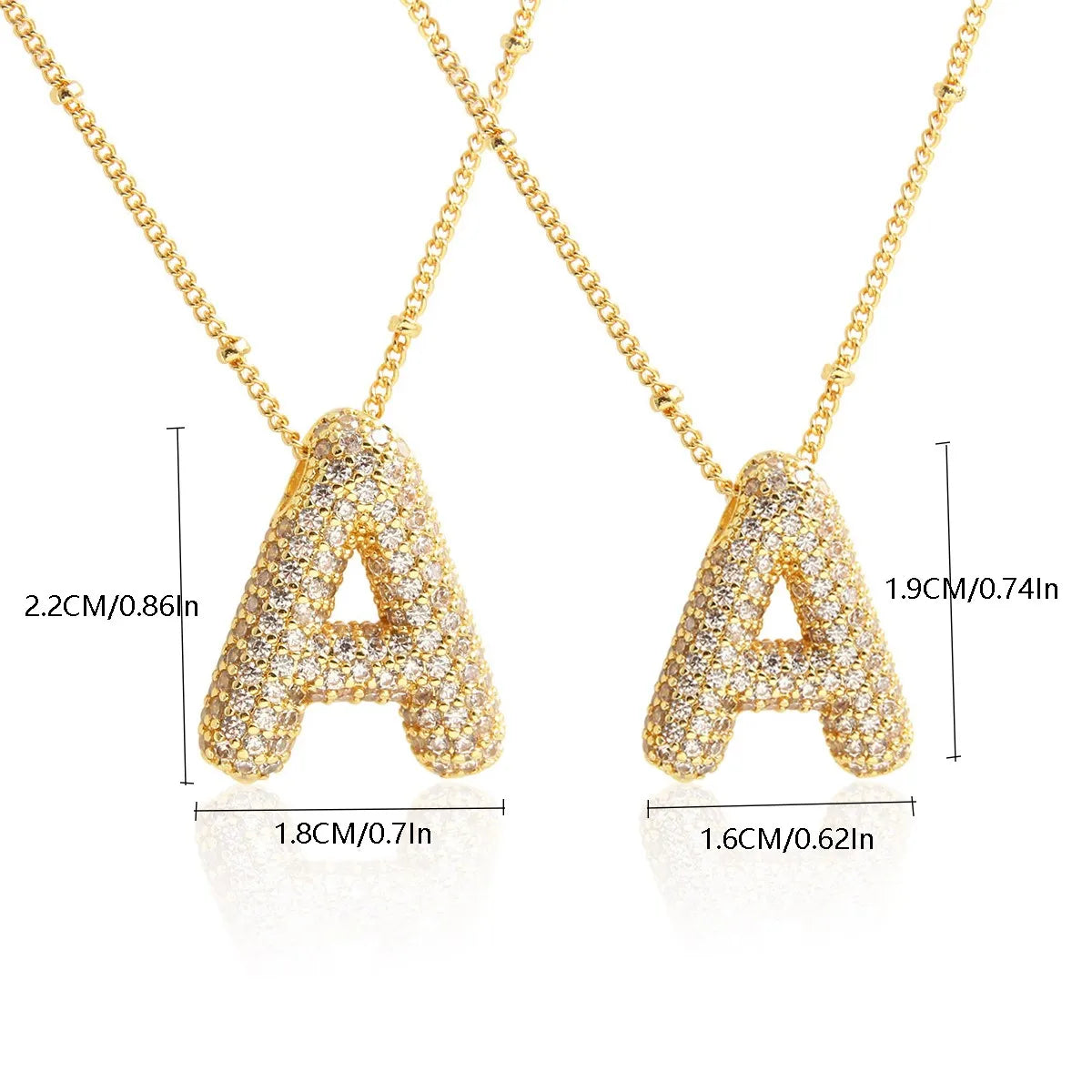 Cubic Zircon A-Z 26 Bubble Letter Necklace 2 Sizes Gold Plated M Chunky Balloon Initials Pendant