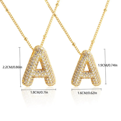 Cubic Zircon A-Z 26 Bubble Letter Necklace 2 Sizes Gold Plated M Chunky Balloon Initials Pendant