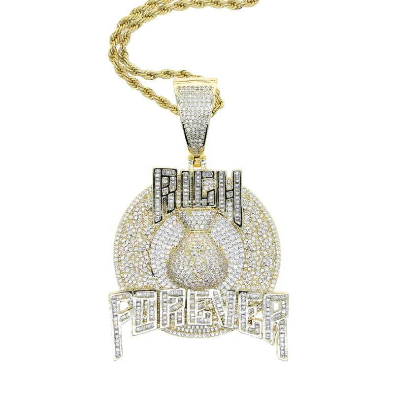 Bling Cz Letter Iced Out Prong Setting Rich Forever Pendant Necklace for Men Gold Color Hip Hop Jewelry