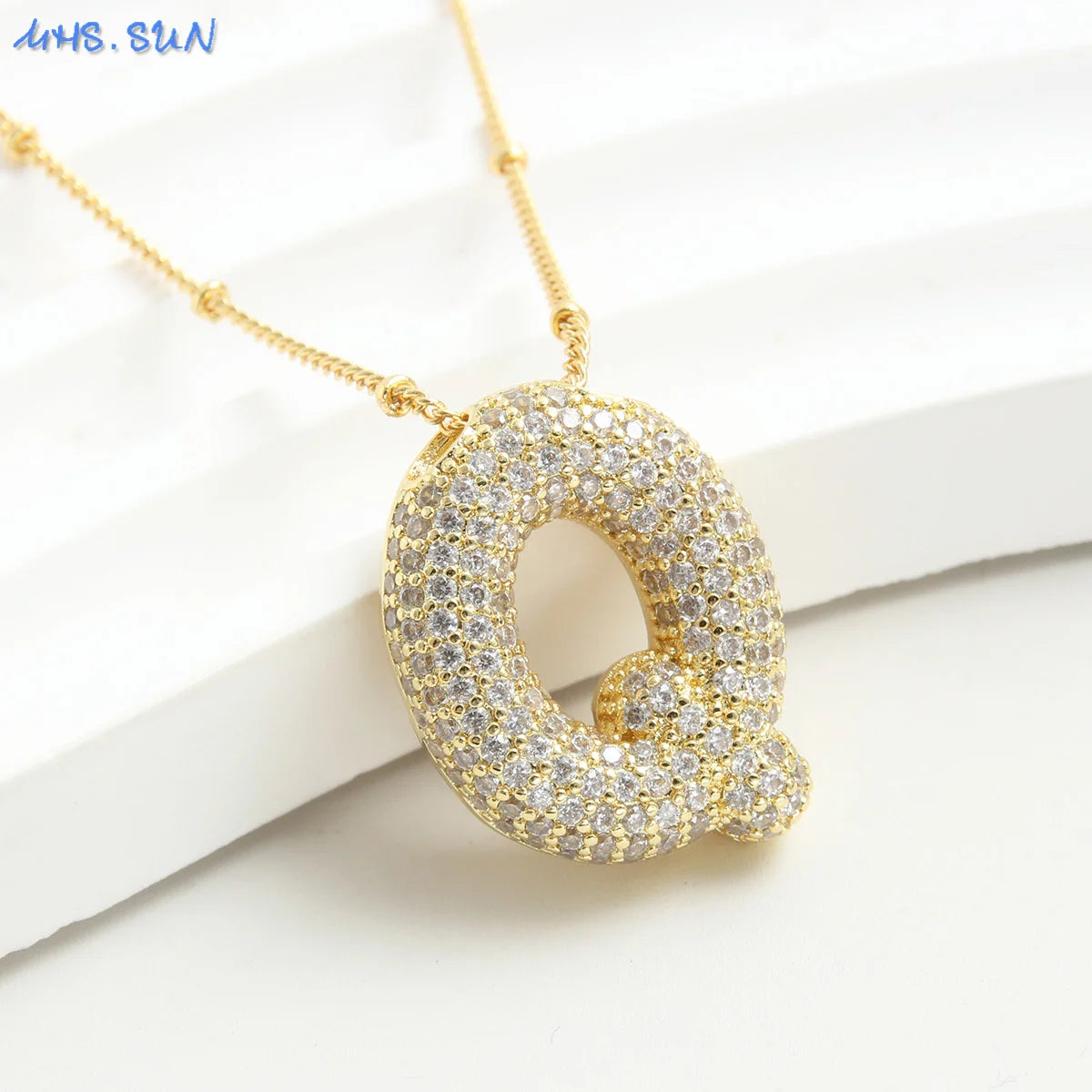 Cubic Zircon A-Z 26 Bubble Letter Necklace 2 Sizes Gold Plated M Chunky Balloon Initials Pendant