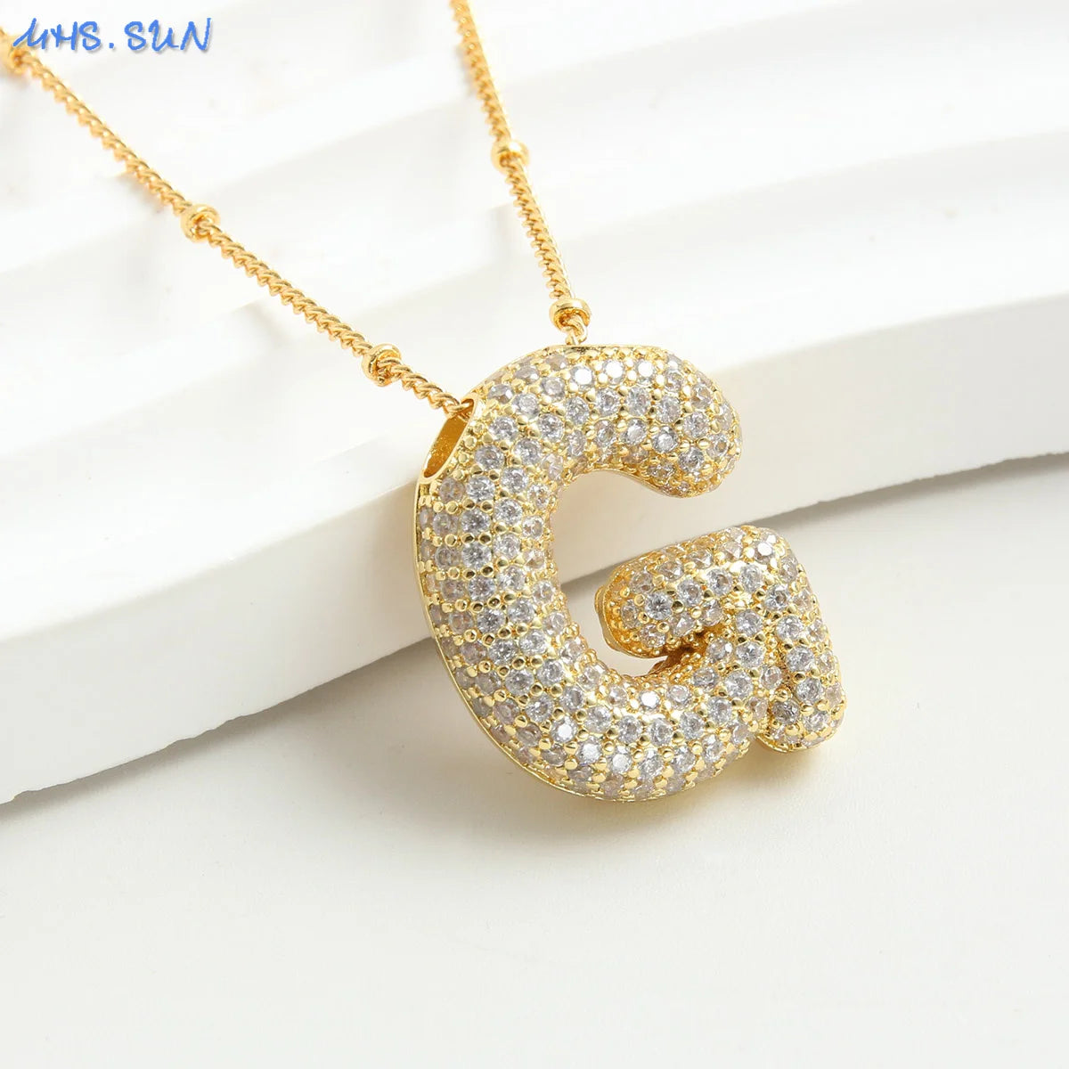 Cubic Zircon A-Z 26 Bubble Letter Necklace 2 Sizes Gold Plated M Chunky Balloon Initials Pendant