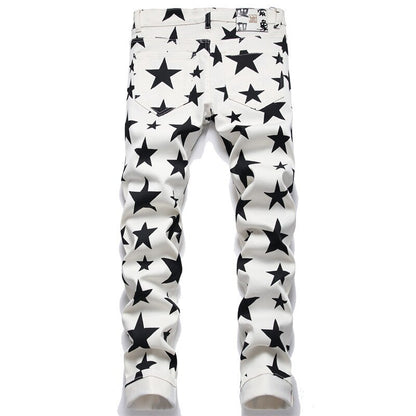 New European 5-pointed Star Digital Printed Jeans Men Slim Body Flower Trousers Fashion Stretch Pencil Pants Casual Cllothing