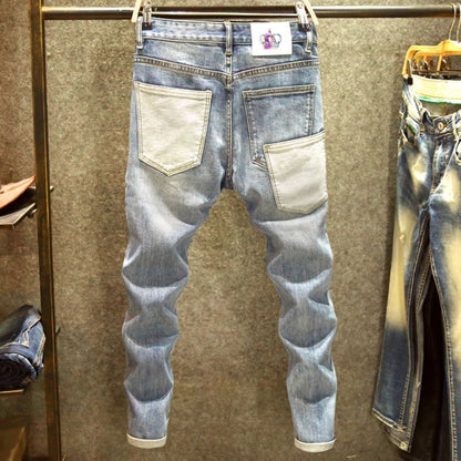 Men denim jeans straight worn hole jeans Europe and America classic old pants cargo pants