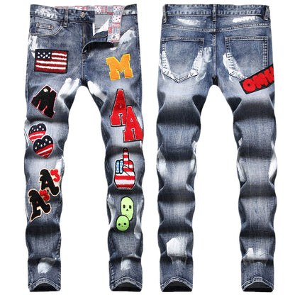 High Quality Men’s Stretch Slim Jeans,Light Luxury Skull Embroidery Decorating Jeans,White Oil Paint Stylish Sexy Street Jeans;