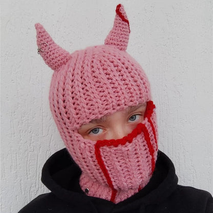 Halloween Balaclava Devil Horn Hat Warm Cowhorn Hat Full Face Cover Ski Mask Hat Windproof  Hat For Outdoor Sport