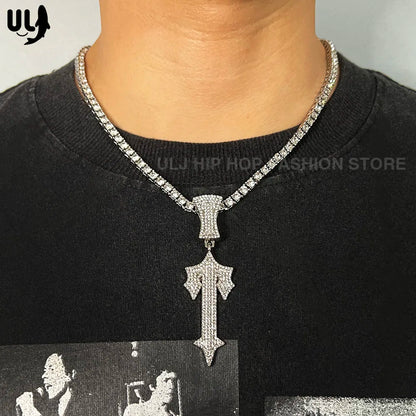 Iced Out Cross Sword Necklaces with 12mm Cuban Chain Pendant