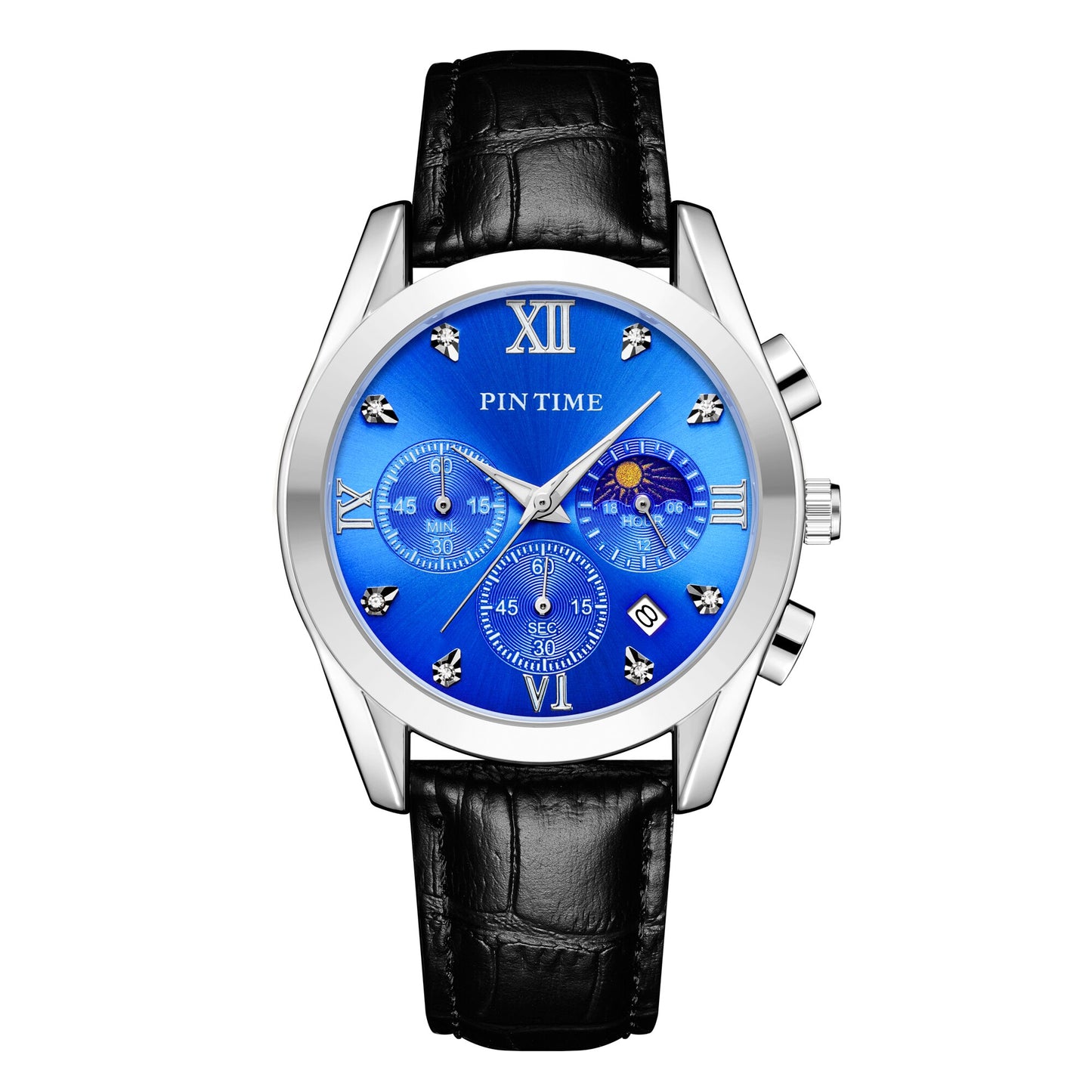 Men Casual Dress Black Watch Stainless Steel Moon Phase Dial Work Chrono Function Stopwatch Leather Luminous Waterproof