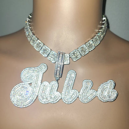 Custom Big Brush Cursive Iced Out Name Pendant  Bubble Letters Word Necklace With Rhinestone Baguettes