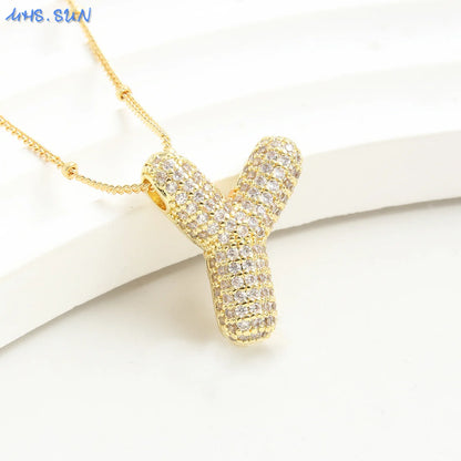 Cubic Zircon A-Z 26 Bubble Letter Necklace 2 Sizes Gold Plated M Chunky Balloon Initials Pendant