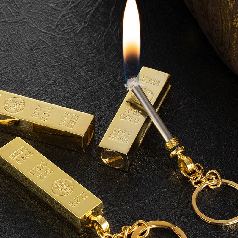 Gold Bar Ten Thousand Matches Creative Portable Pendant Refillable Metal Kerosene Lighter Multi-Functional Keychain