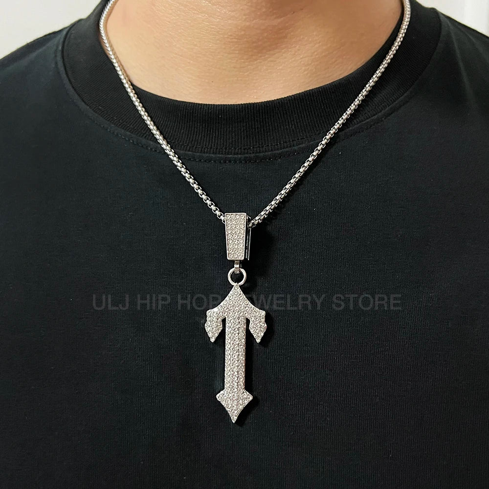 Iced Out Cross Sword Necklaces with 12mm Cuban Chain Pendant