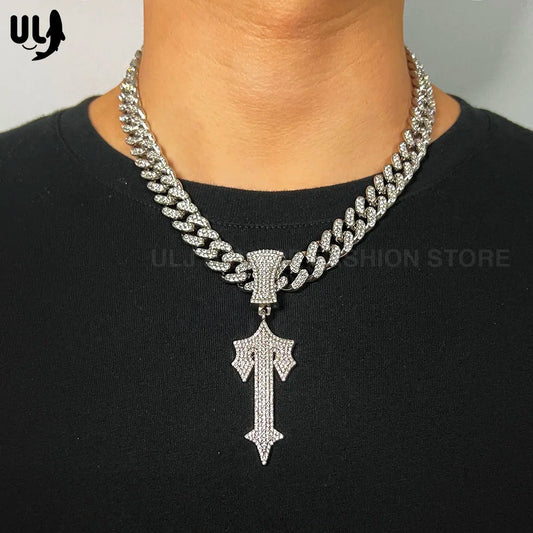 Iced Out Cross Sword Necklaces with 12mm Cuban Chain Pendant