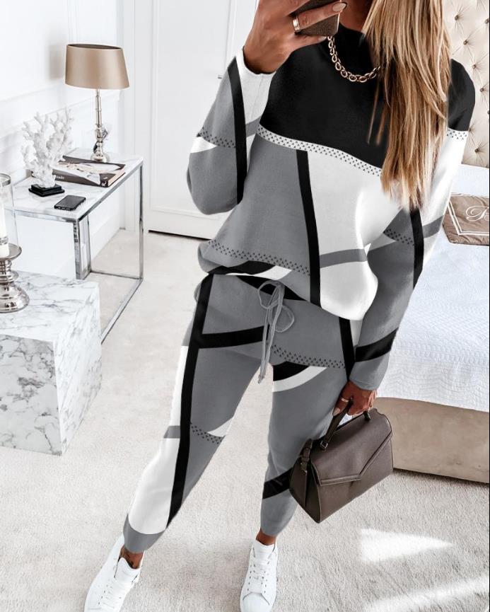 Two Piece Sets Women's Outfits Casual Geometric Print Long Sleeve O-neck Top Pullover & Fashion Drawstring Pants Set Streetwear