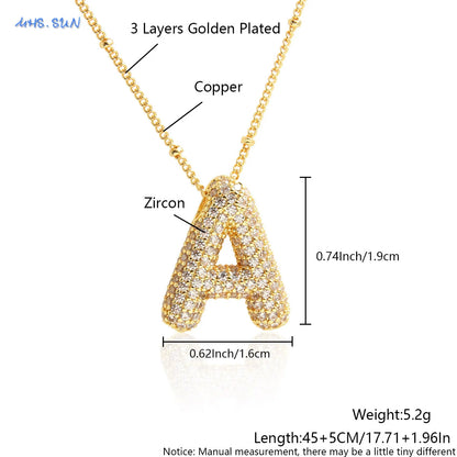 Cubic Zircon A-Z 26 Bubble Letter Necklace 2 Sizes Gold Plated M Chunky Balloon Initials Pendant