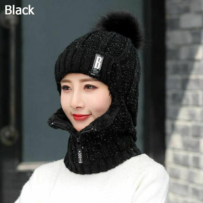 Winter One-piece Cap with Velvet Head Earmuffs Cycling Woolen Yarn Zipper Bib Warm Hat