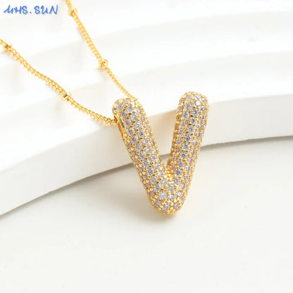 Cubic Zircon A-Z 26 Bubble Letter Necklace 2 Sizes Gold Plated M Chunky Balloon Initials Pendant