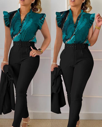 Womens Two Piece Sets Outfit Geometric Print Flutter Sleeve Top &amp; Pants Set with Belt New Fashion 2023 Summer Suit