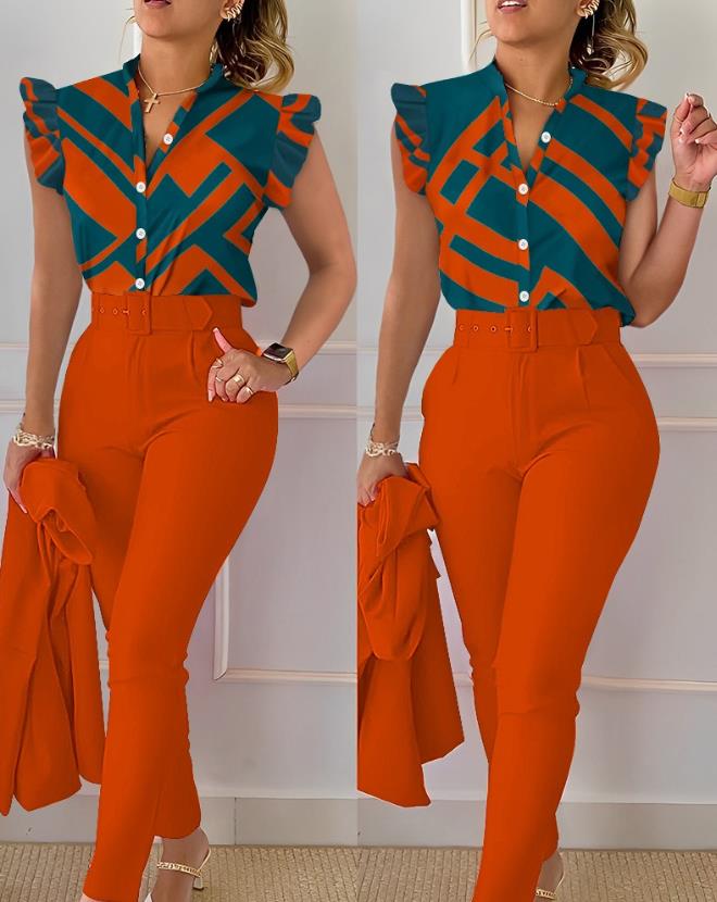 Womens Two Piece Sets Outfit Geometric Print Flutter Sleeve Top &amp; Pants Set with Belt New Fashion 2023 Summer Suit