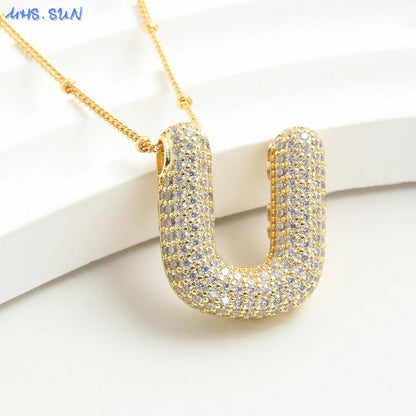 Cubic Zircon A-Z 26 Bubble Letter Necklace 2 Sizes Gold Plated M Chunky Balloon Initials Pendant