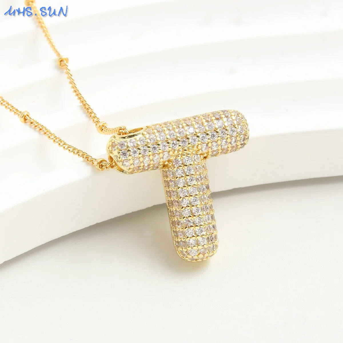 Cubic Zircon A-Z 26 Bubble Letter Necklace 2 Sizes Gold Plated M Chunky Balloon Initials Pendant