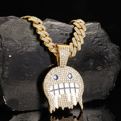 White Blue Cubic Zirconia Paved Round Face Pendants Necklaces with Cuban Chain Iced Out Bling CZ